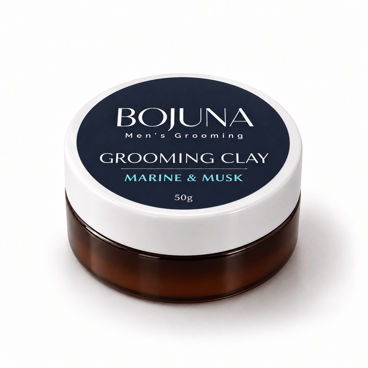 Bojuna Marine & Musk Grooming Clay 50g in a dark amber jar with its navy label and white lid.