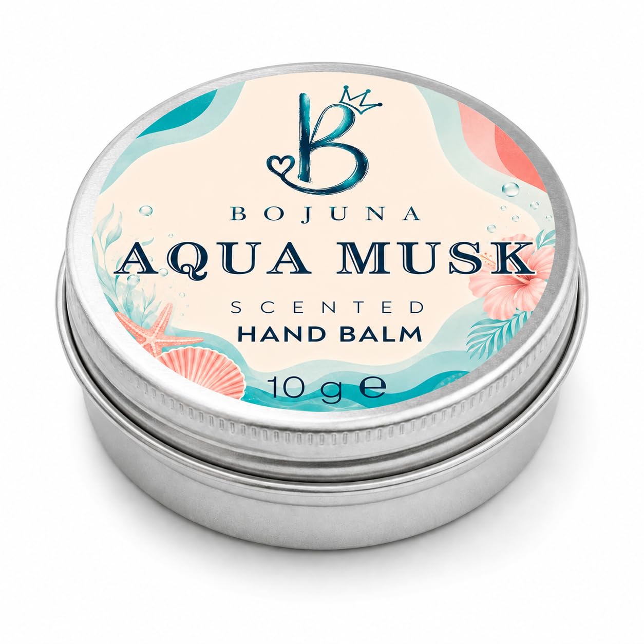 A round silver metal tin of Bojuna Aqua Musk Scented Hand Balm, featuring a colorful tropical-themed label with blue, pink, and teal illustrations on a white background.
