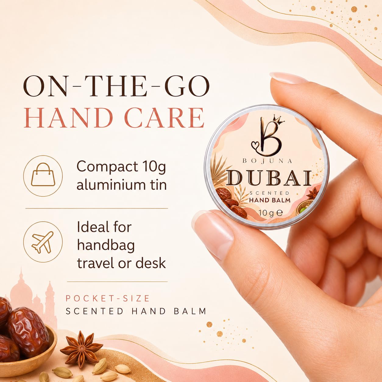 A hand holds a small round tin of Botuna Dubai Scented Hand Balm against a warm beige promotional background with text about on-the-go hand care and travel-friendly packaging.