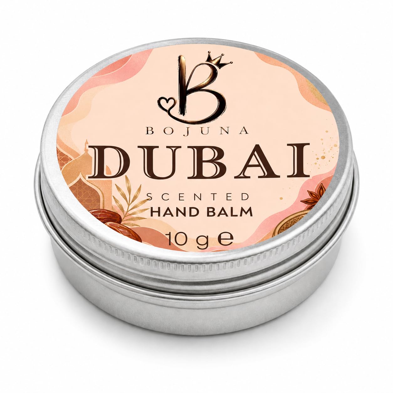 A round silver metal tin of Bojuna Dubai Scented Hand Balm, 10g, featuring a peach and pink label with botanical illustrations.