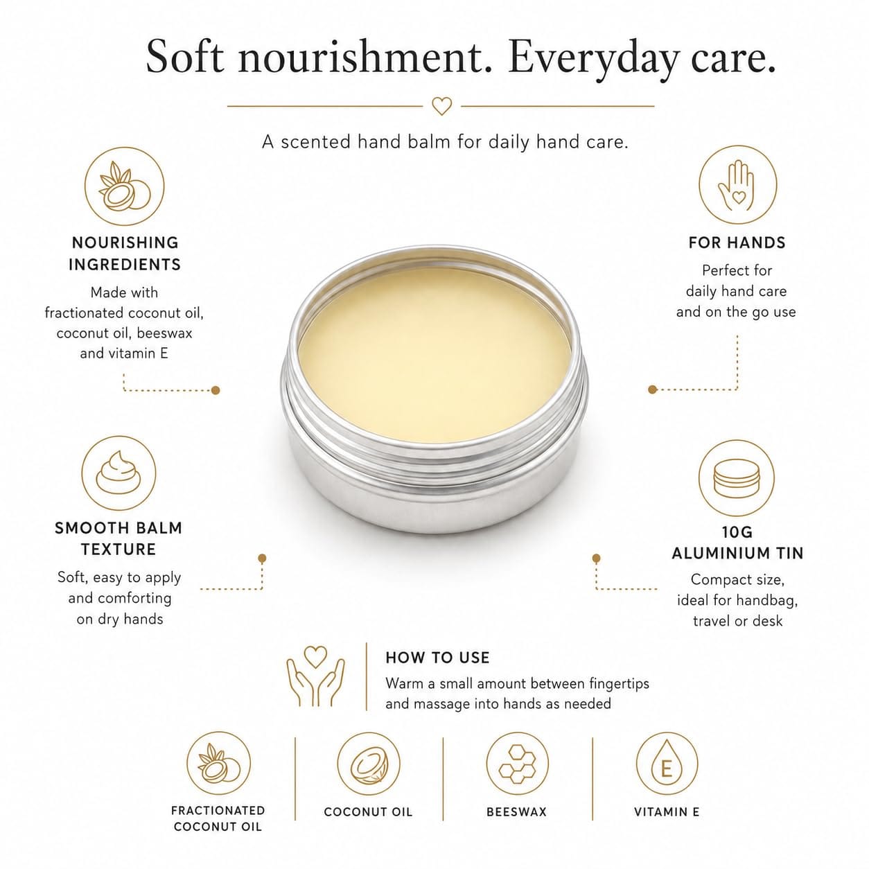 A silver metal tin of soft hand balm centered on a white background, surrounded by illustrated callouts describing ingredients, texture, size, and how to use. Text at the top reads 'Soft nourishment.