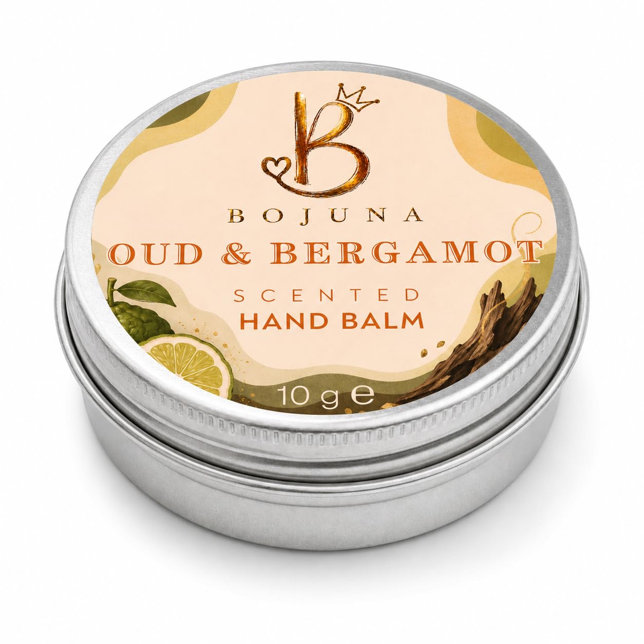A round silver metal tin of Bojuna Oud & Bergamot Scented Hand Balm, featuring a light peach label with botanical illustrations of bergamot and a crown logo.