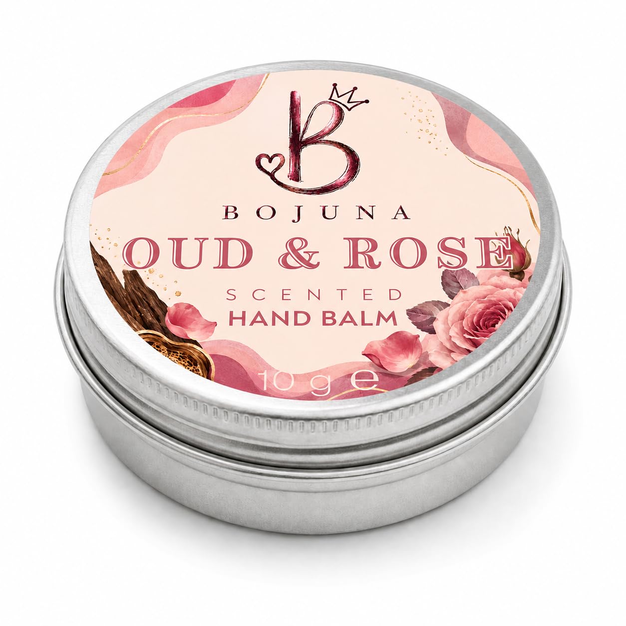 A round silver metal tin of Bojuna Oud & Rose Scented Hand Balm, featuring a pink floral label with rose illustrations and a crown logo on a white background.