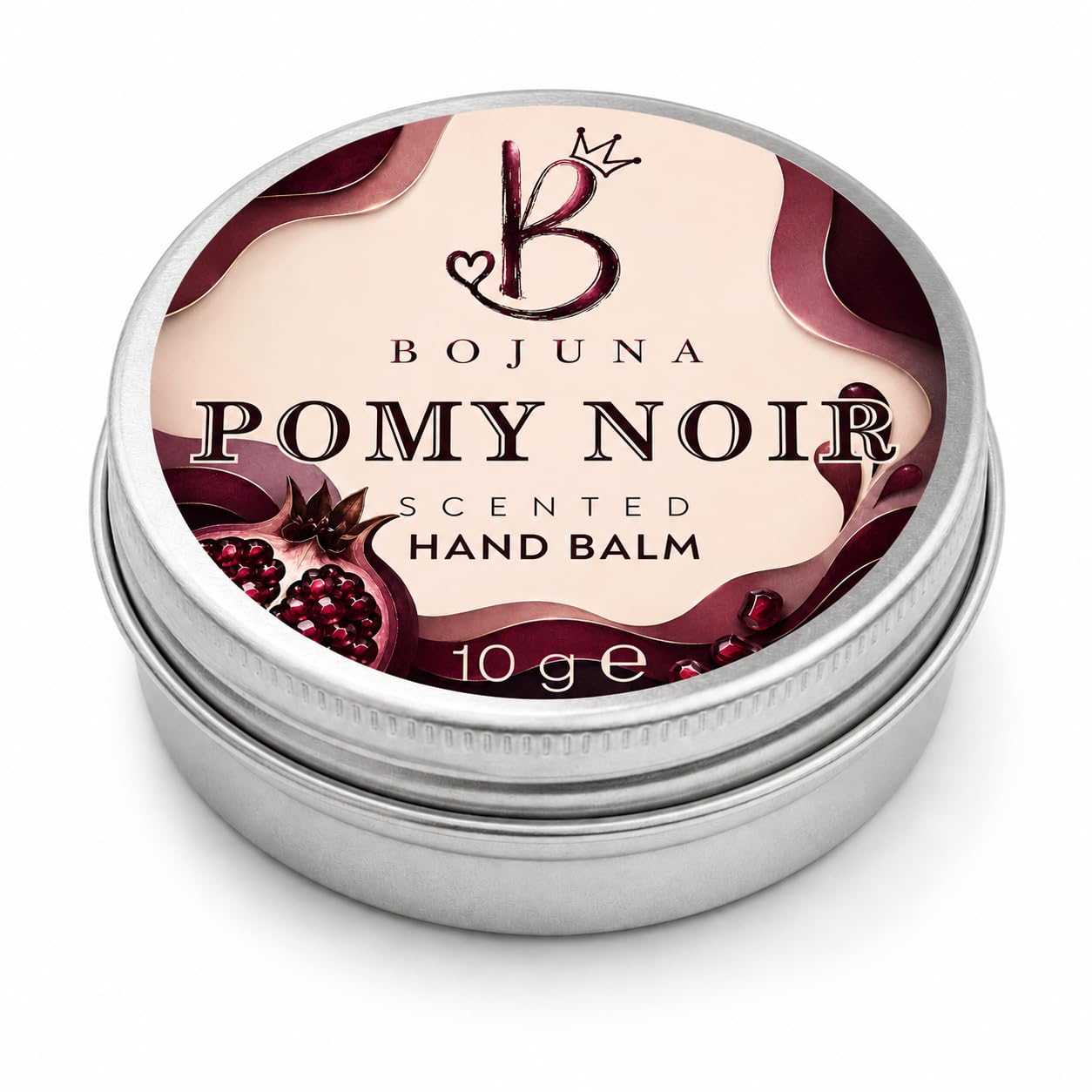 A round silver metal tin of Bojuna Pomy Noir Scented Hand Balm, featuring a cream and dark red label with pomegranate illustrations.