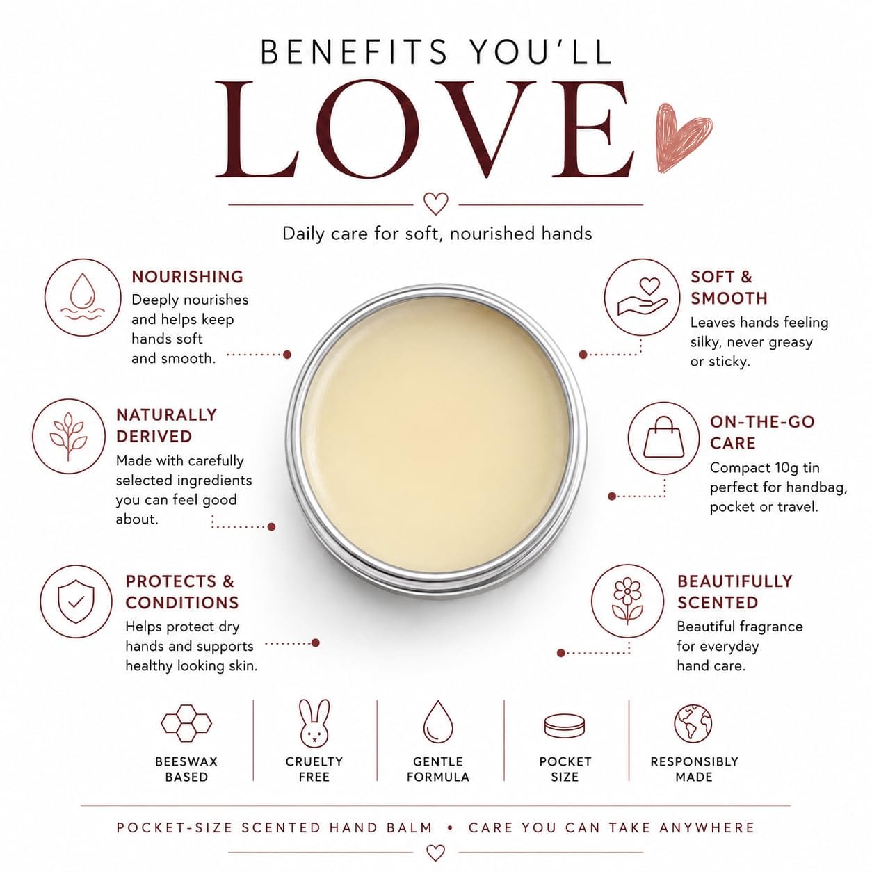 A circular silver tin of Love Scented Hand Balm is centered on a white background with surrounding text and icons detailing its benefits, including nourishing, naturally derived, soft and smooth, on-the-go care, and pocket size.