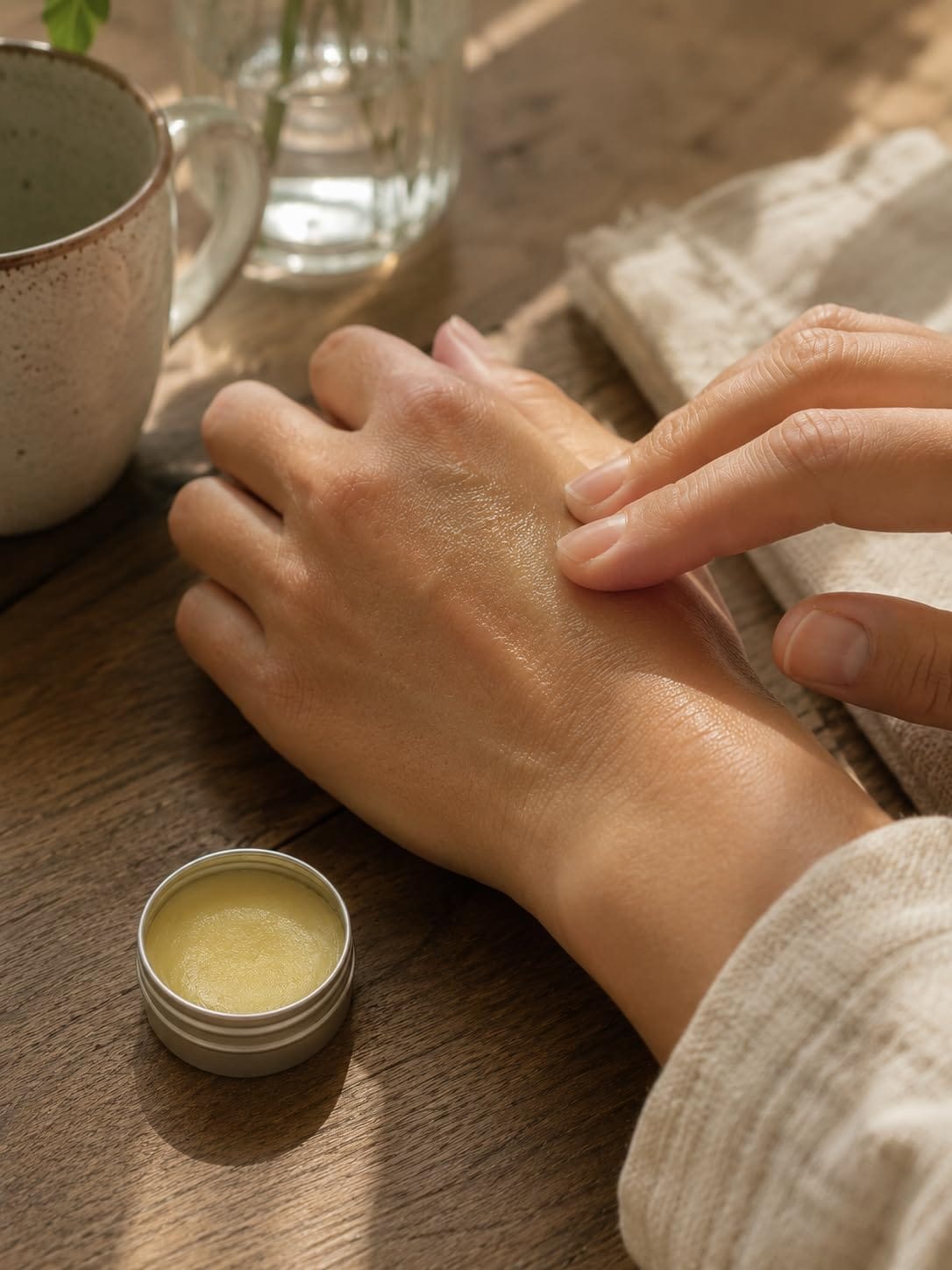 A close-up of a hand receiving a massage or rubbing with a small open jar of balm or cream on a wooden table, with a mug and glass in the background.