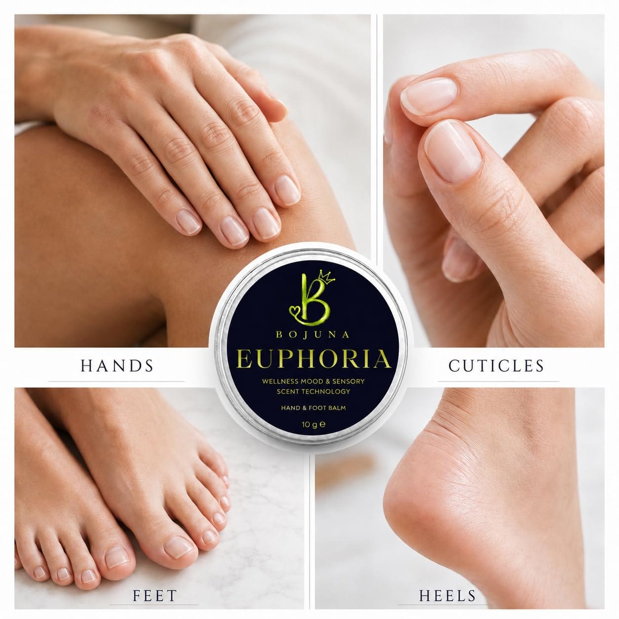 A collage showing close-up views of hands, cuticles, and feet around a round tin of Bojuna Euphoria hand and foot salm. The product label is dark navy blue with gold lettering, and the surrounding panels demonstrate use on skin.