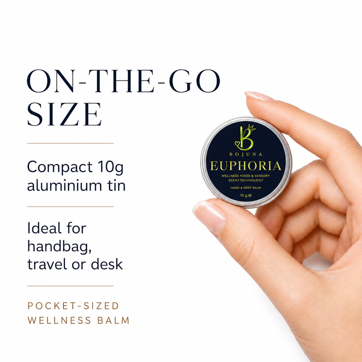 A hand holds a small round tin of Botusa Euphoria hand and foot balm against a white background with promotional text describing the on-the-go size and compact packaging.