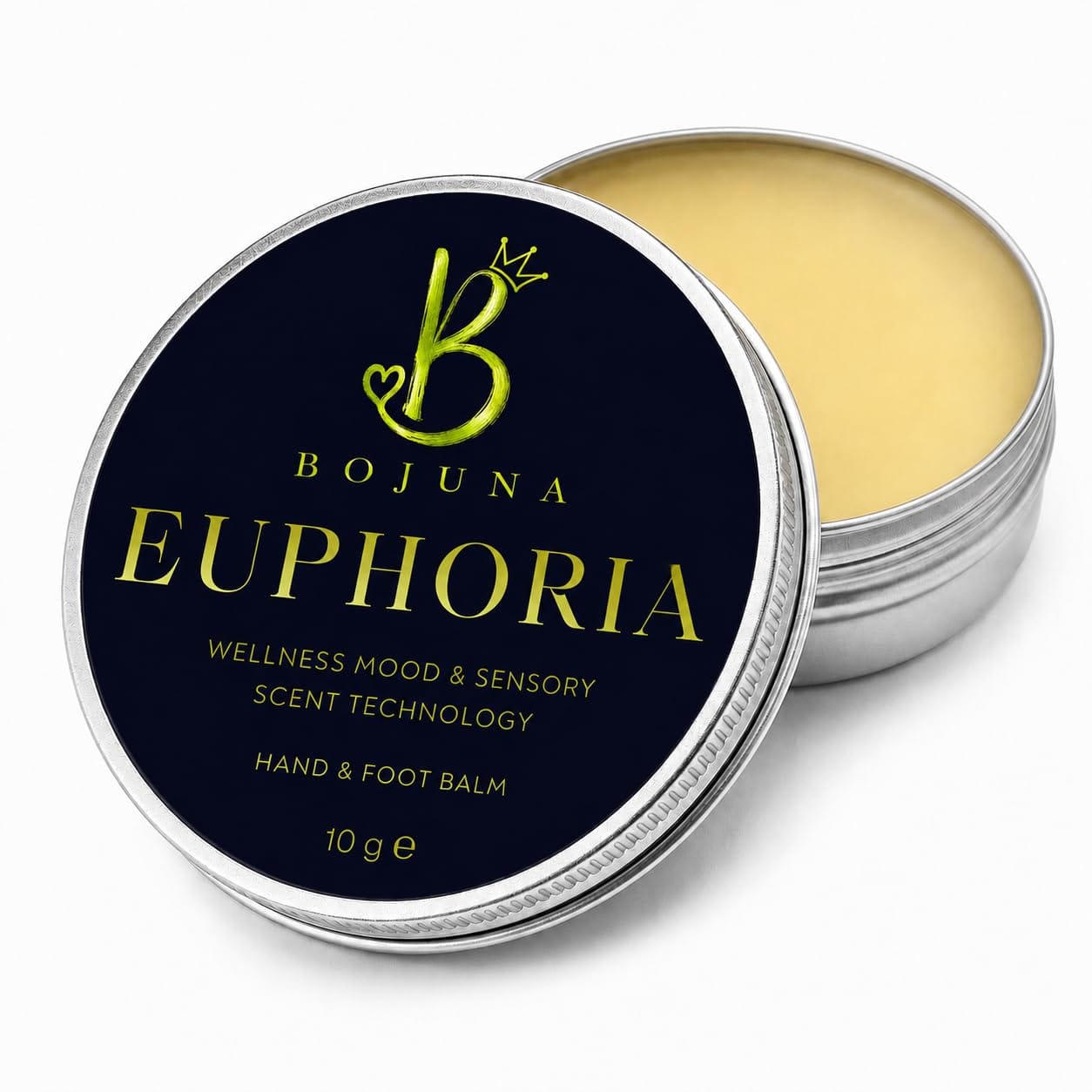 An open round silver tin of Bojuna Euphoria Hand & Foot Balm, showing the pale yellow balm inside, with the lid leaning against it. The lid features a dark navy blue label with gold lettering and a gold 'B' logo with a crown.