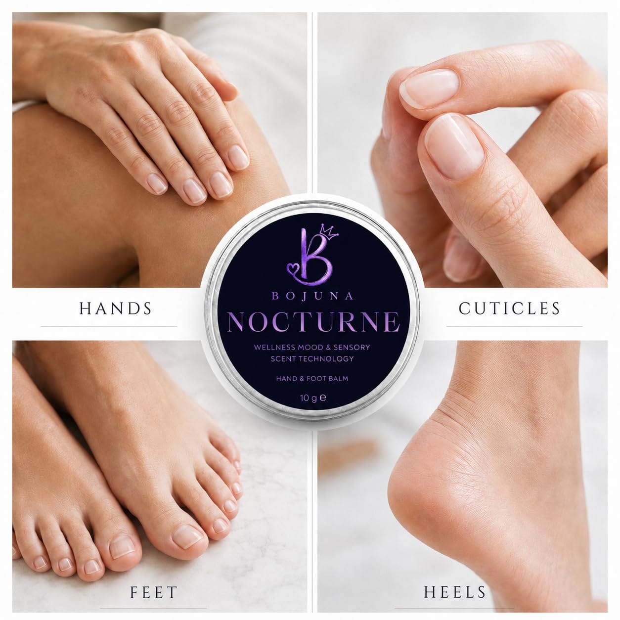 A collage showing close-up views of hands, feet, and cuticles with the text HANDS, CUTICLES, and FEET, centered around a round tin labeled BOJUNA NOCTURNE hand and foot balm.