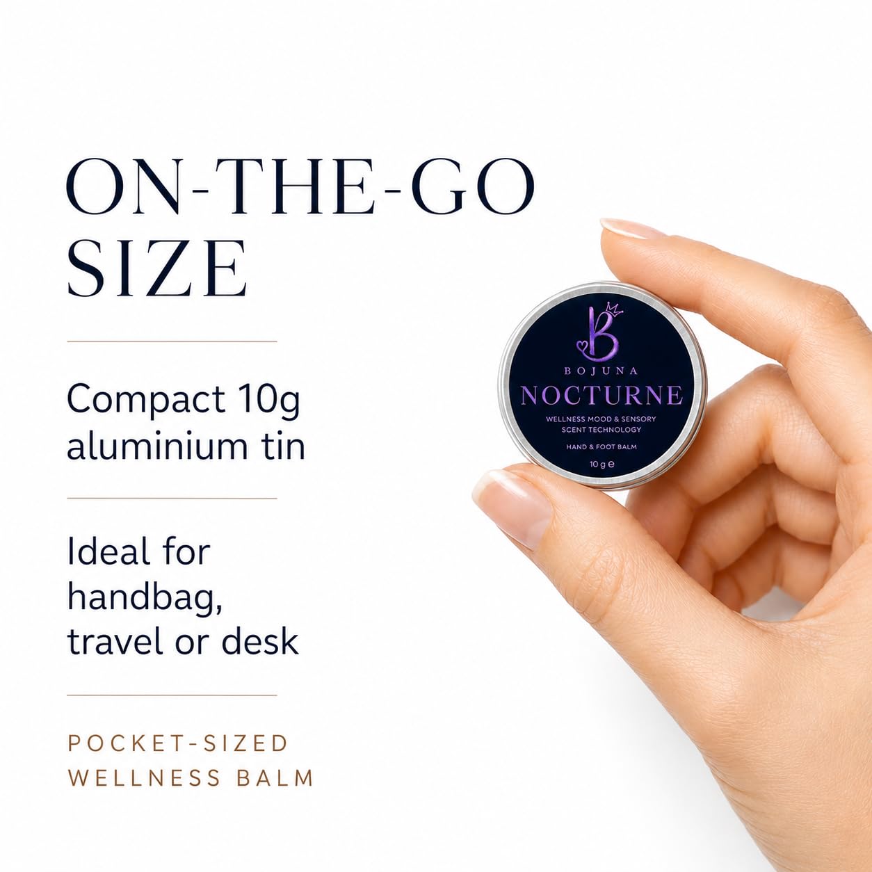 A hand holds a small round tin of Botani Nocturne wellness balm against a clean white background, with text on the left reading 'ON-THE-GO SIZE' and product details.
