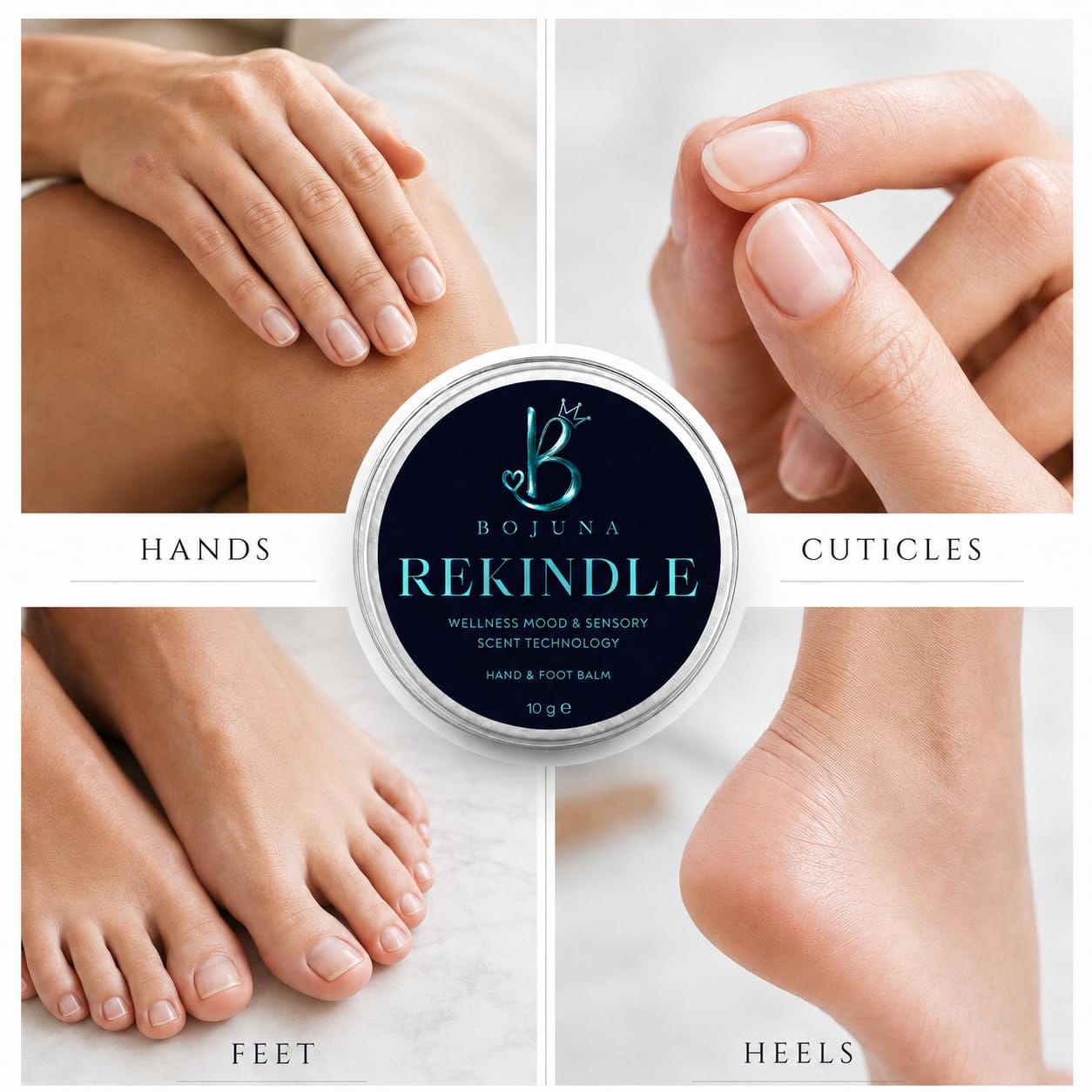 A round tin of Bojuna Rekindle hand and foot balm is centered over a four-panel collage showing close-up hands, feet, and cuticles, with text labels HANDS, CUTICLES, FEET, and HEELS.