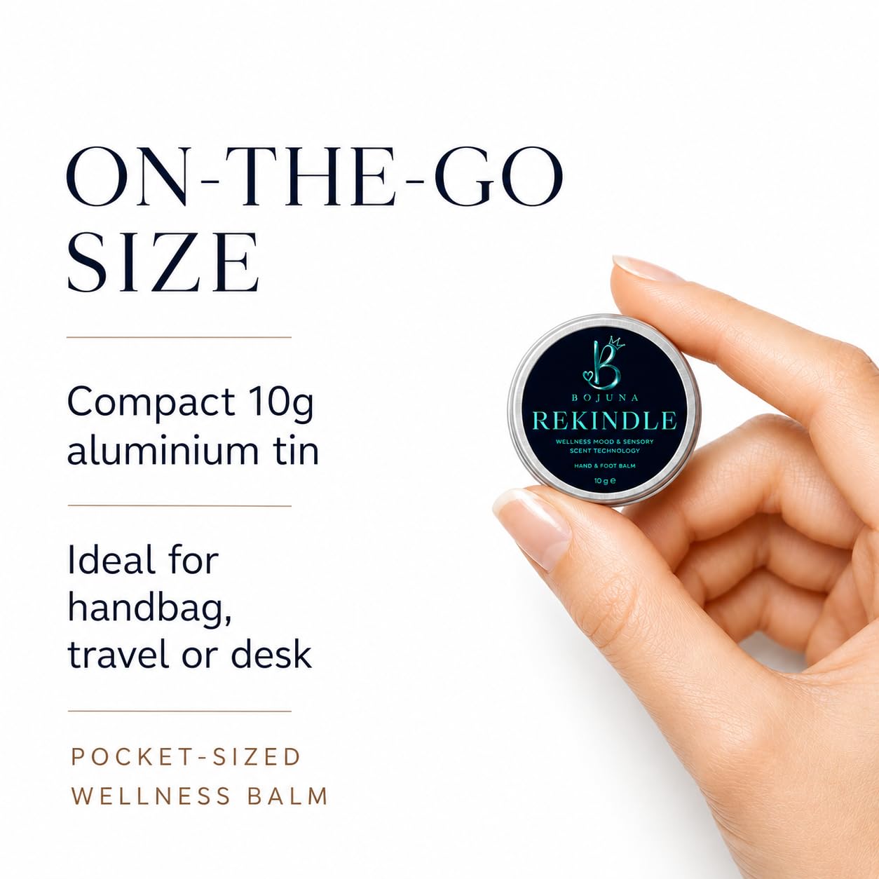 A hand holds a small round tin of Botvka Rekindle wellness balm against a clean white background, with marketing text on the left reading 'ON-THE-GO SIZE' and 'Compact 10g aluminium tin'.