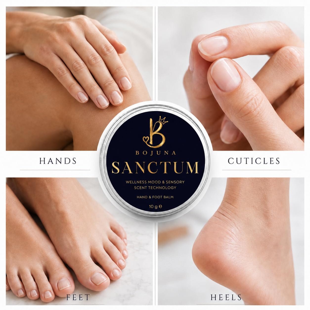 A collage showing close-up views of hands, feet, and heels with a round tin of Bojuna Sanctum hand and foot balm centered over the images. The tin has a dark navy label with gold lettering and a silver rim.