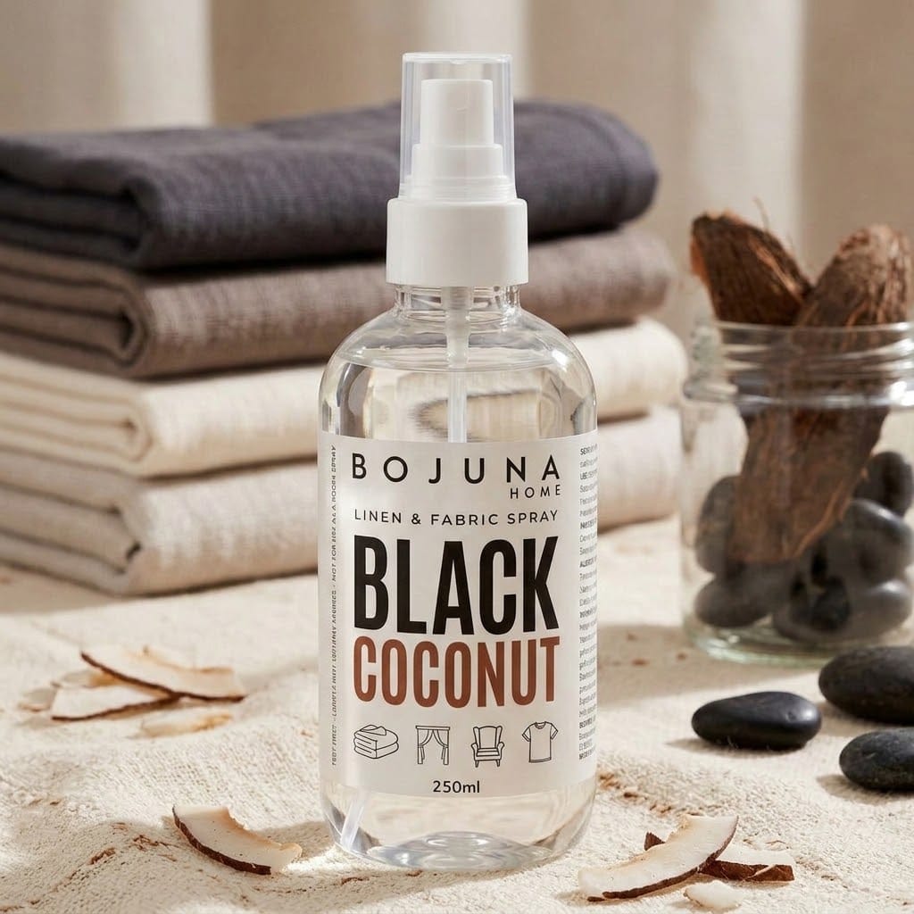 A clear spray bottle of BOJUNA HOME Black Coconut Linen & Fabric Spray, set on a textured beige surface with scattered coconut shells, folded linen cloths, and a glass jar in the background.