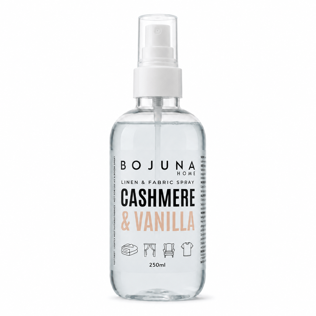 A 250ml clear glass spray bottle of BOJUNA HOME Cashmere & Vanilla Linen & Fabric Spray with a white pump dispenser, shown on a clean white background.