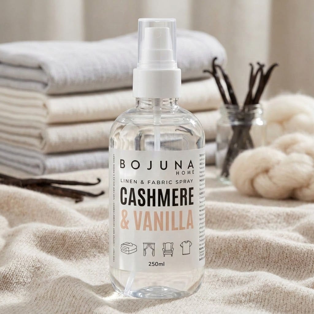 A clear spray bottle of BOJUNA HOME Cashmere & Vanilla linen and fabric spray, set on a beige textured blanket with folded white towels and soft home decor props in the background.