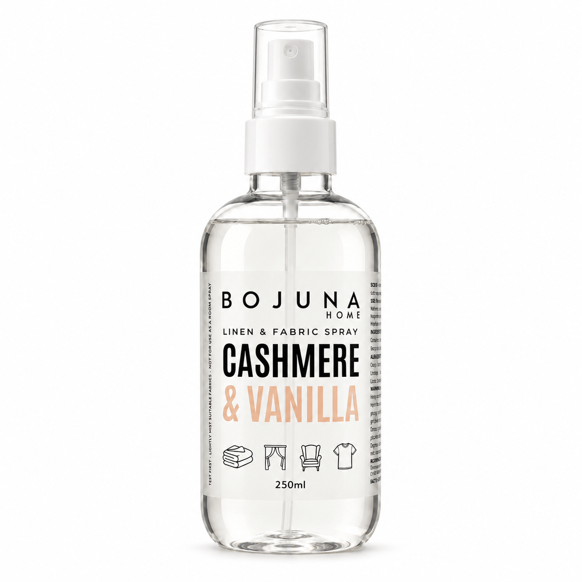 Bojuna Cashmere & Vanilla Linen & Fabric Spray 250 ml in a clear bottle with a transparent printed label, white spray pump and clear cap, brightly lit on a white background.