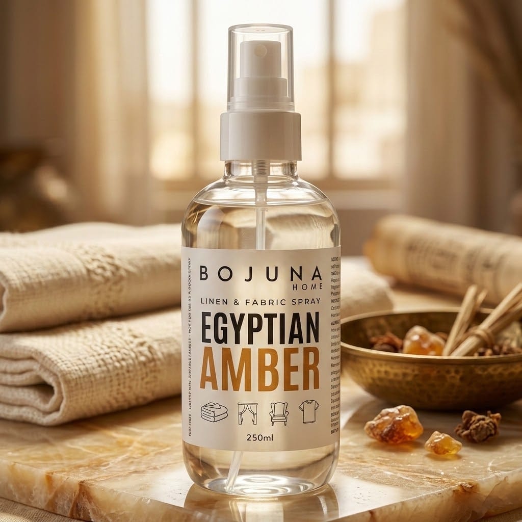 A clear spray bottle of BOJUNA HOME Egyptian Amber linen and fabric spray, set on a marble surface with folded beige textiles and warm, softly blurred background elements.