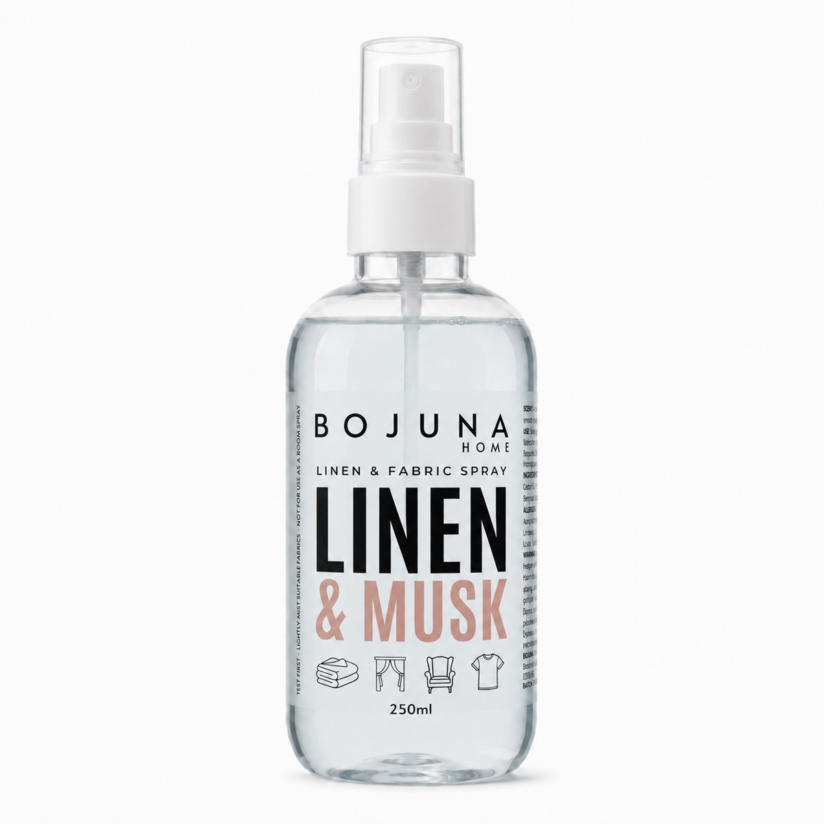 A clear plastic spray bottle of Bojuna Home Linen & Fabric Spray with a white pump dispenser, shown against a plain white background.