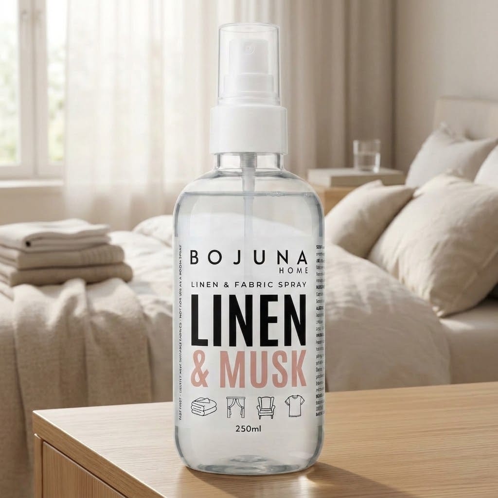 A clear spray bottle of BOJUNA HOME Linen & Musk linen and fabric spray, placed on a light wood bedside table in a softly lit bedroom with beige bedding and curtains in the background.