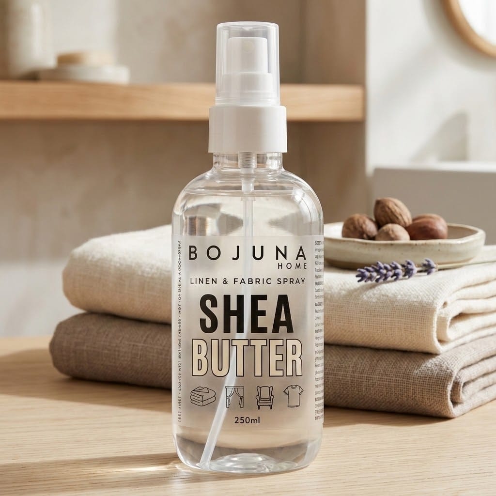 A clear spray bottle of BOJUNA HOME Shea Butter Linen & Fabric Spray, set on a wooden surface with folded beige towels and small decorative props in the background.