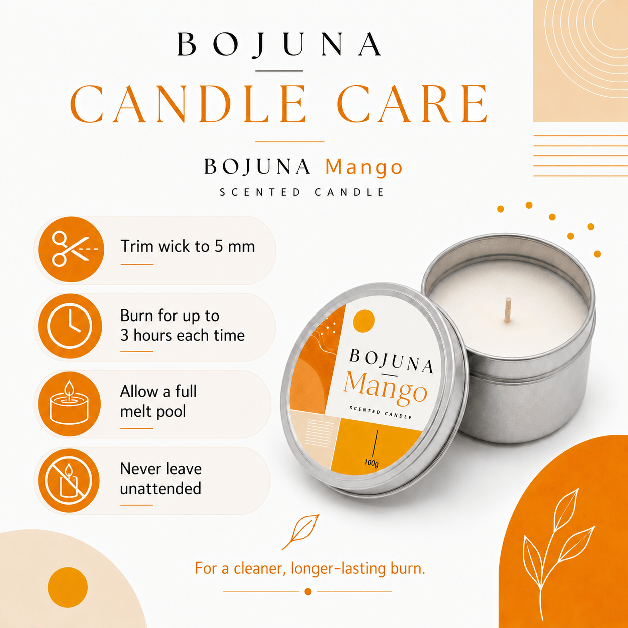 Bojuna Candle Care Bojuna Mango Scented Candle in a silver metal tin, shown with its lid off next to the candle. The graphic includes product details, icons for wick trimming, burning time, melt pool instructions, and safety reminders on a clean white background with orange and beige accents.