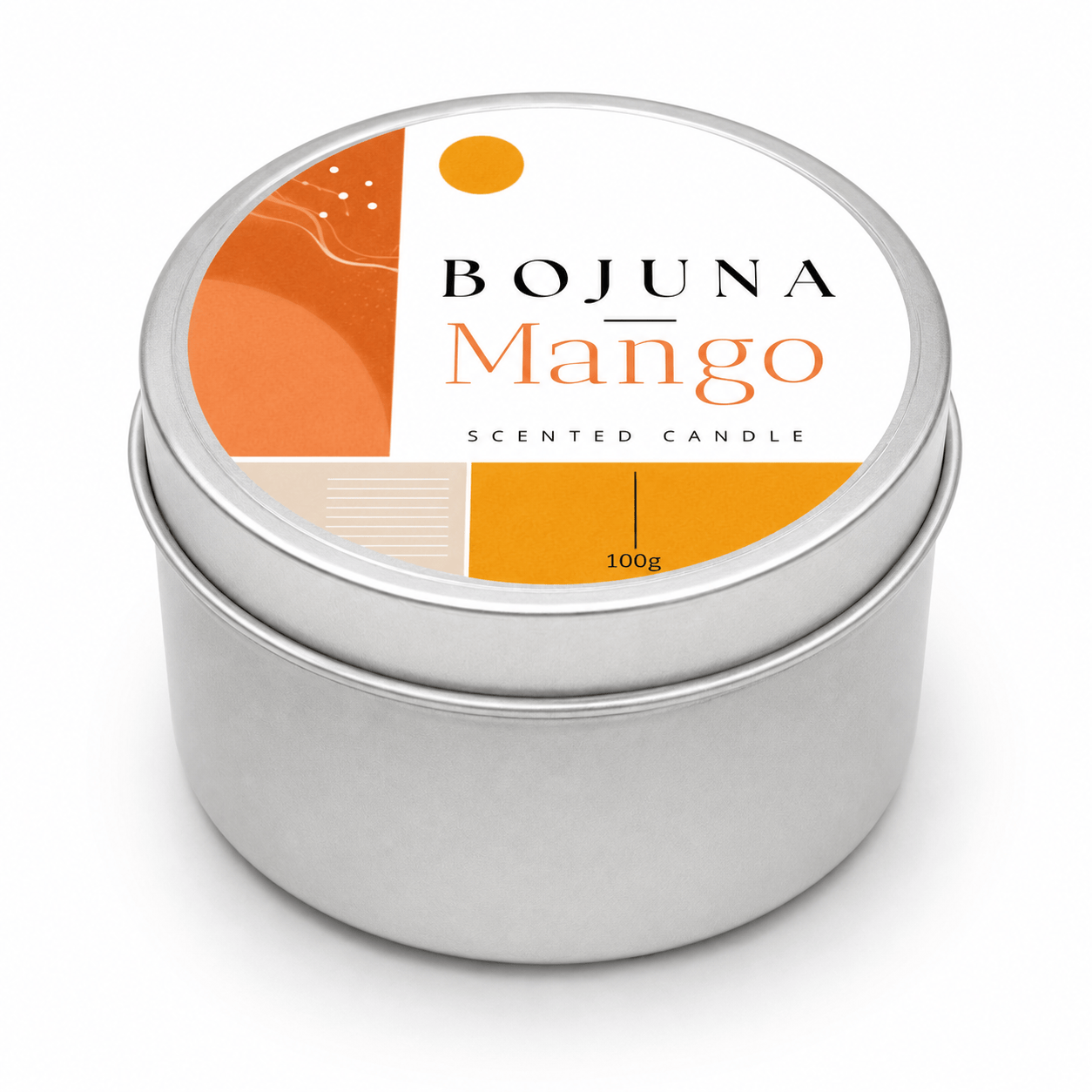 A round silver metal tin candle with a white lid label featuring orange and beige geometric graphics and the text 'BOJUNA Mango SCENTED CANDLE 100g'.