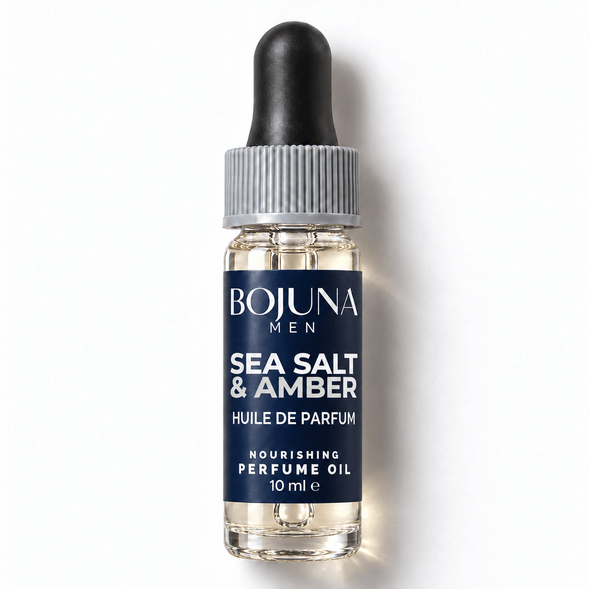Bojuna Men Sea Salt & Amber nourishing perfume oil 10 ml, lying flat on white with a navy label, white first scent line and grey dropper cap.