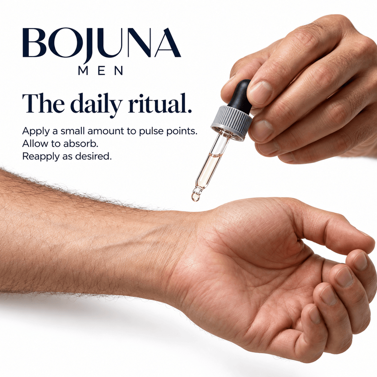 Bojuna Men perfume oil application: a glass dropper above the inner wrist, with directions to apply a small amount to pulse points, allow to absorb and reapply as desired.