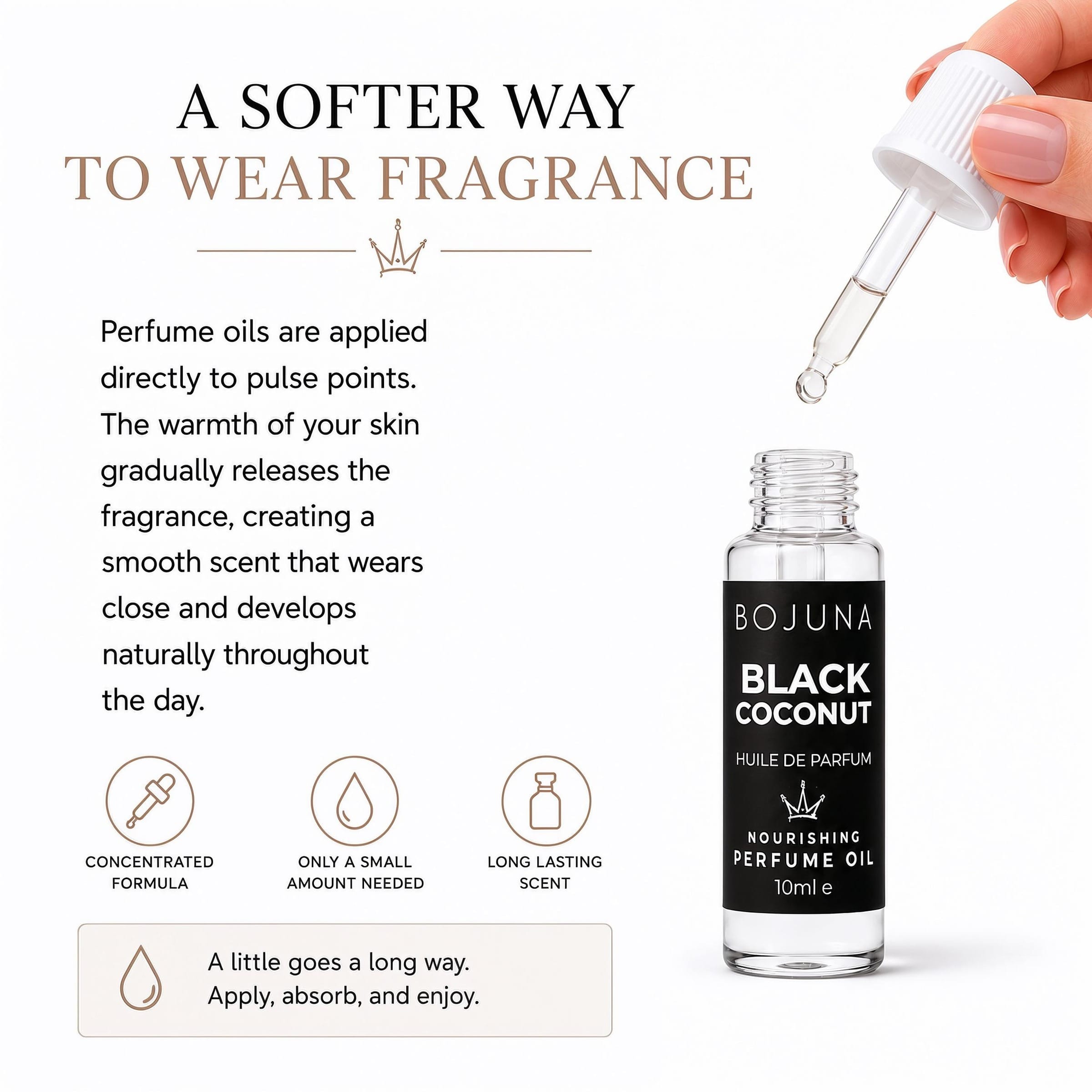 A bottle of BOJUNA Black Coconut Nourishing Perfume Oil shown next to a hand holding an open dropper above it. The image includes marketing text explaining how perfume oils are applied and three feature icons.