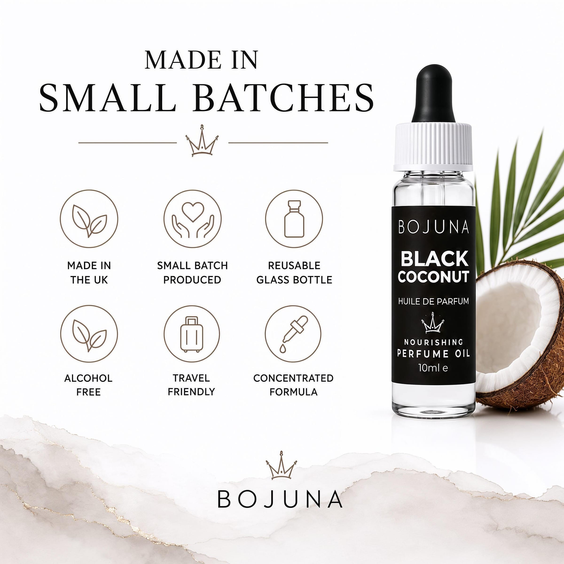 A bottle of BOJUNA Black Coconut Nourishing Perfume Oil next to a halved coconut and green palm leaves, with marketing text 'MADE IN SMALL BATCHES' and feature icons on a white background.