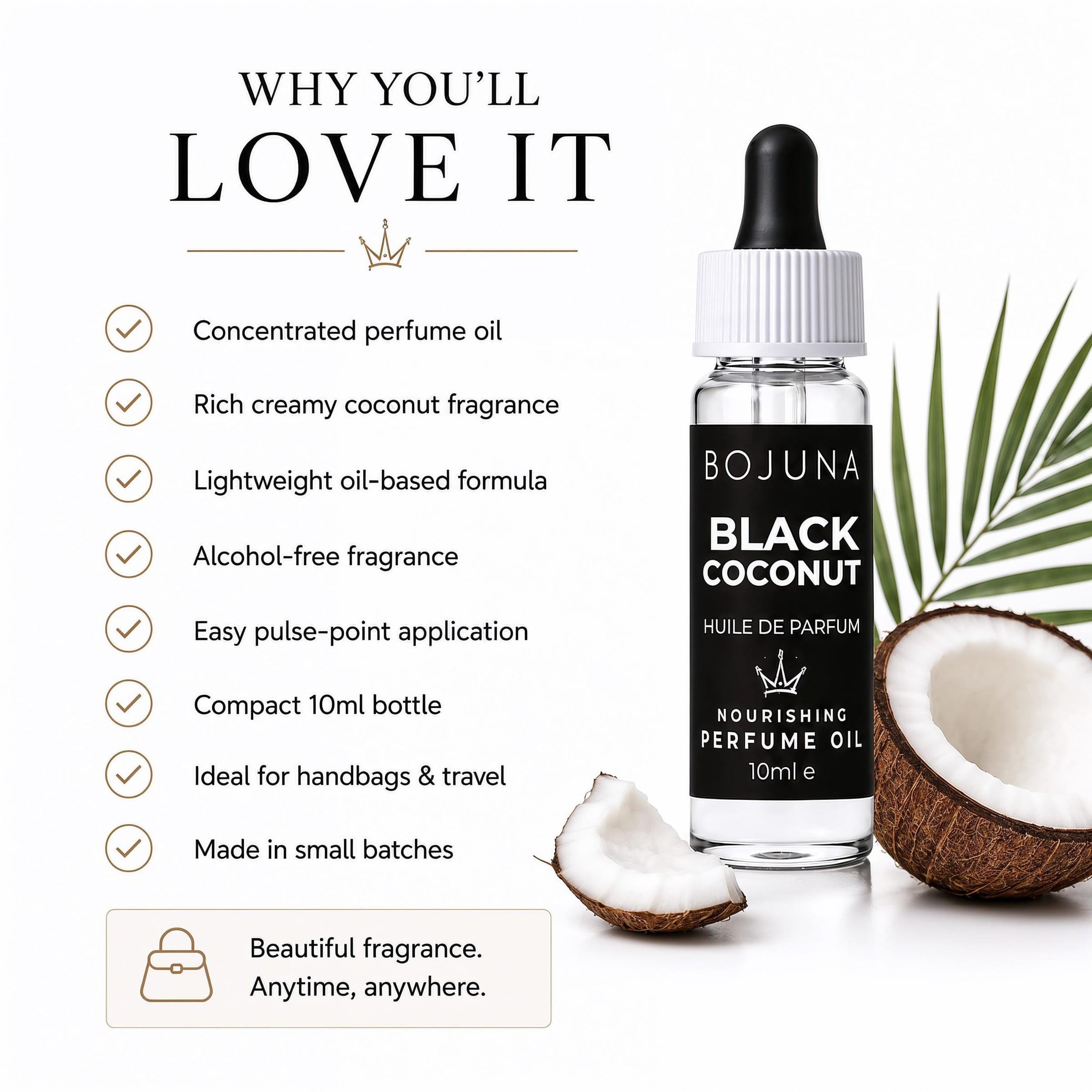 A bottle of BOJUNA Black Coconut perfume oil displayed on a white background with promotional text and coconut imagery. The bottle has a black label with white text and a white dropper cap, surrounded by a green palm leaf and halved coconuts.