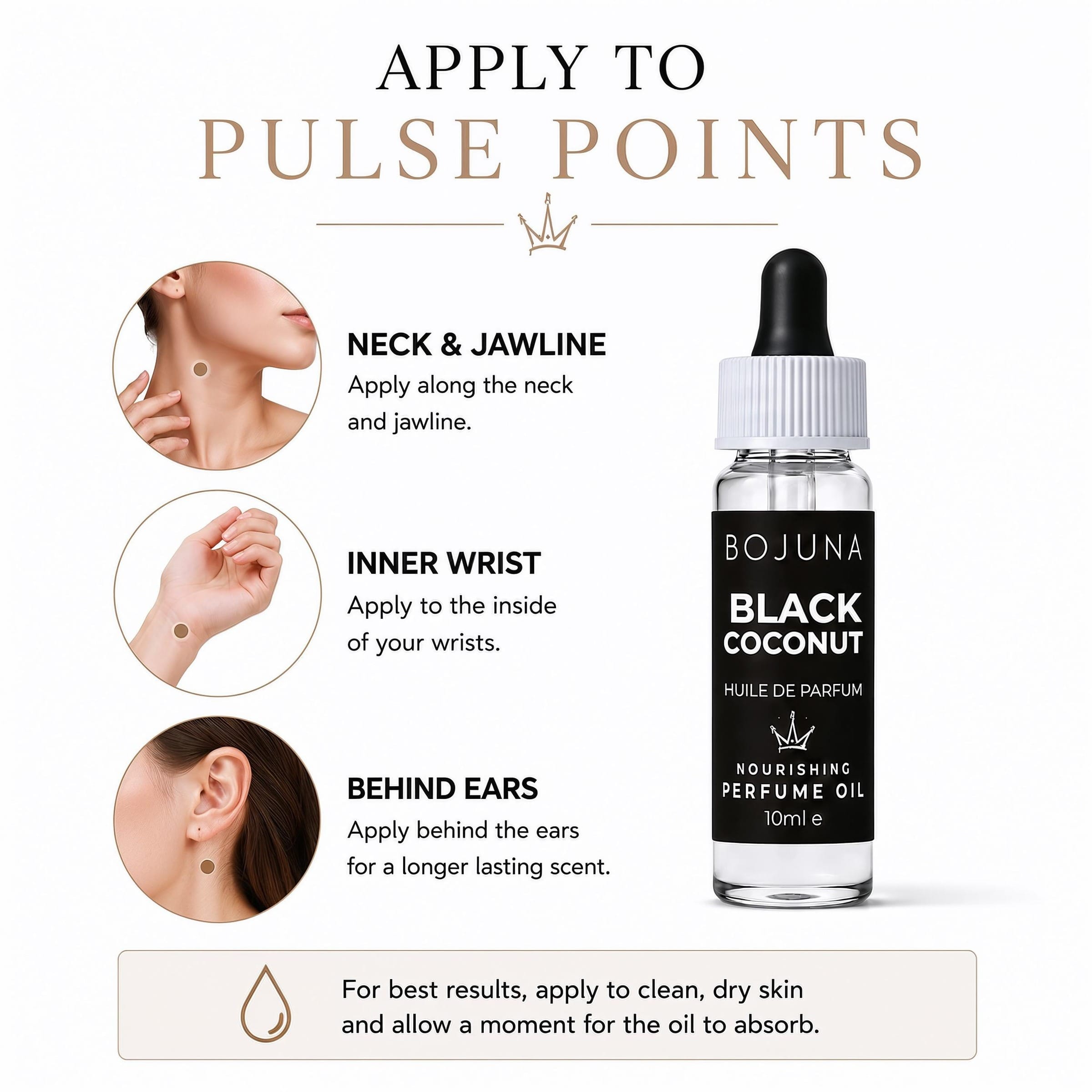 A 10ml bottle of BOJUNA Black Coconut Perfume Oil shown on a white background with instructional text and circular inset photos demonstrating pulse point application locations on the neck, wrist, and ear.