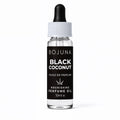 A 10ml glass dropper bottle of BOJUNA Black Coconut Nourishing Perfume Oil, featuring a black label with white text and a white ribbed cap with a black dropper bulb, set against a plain white background.