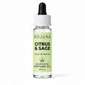 A 10ml glass dropper bottle of BOJUNA Citrus & Sage perfume oil, featuring a light green label and a black dropper cap, set against a plain white background.