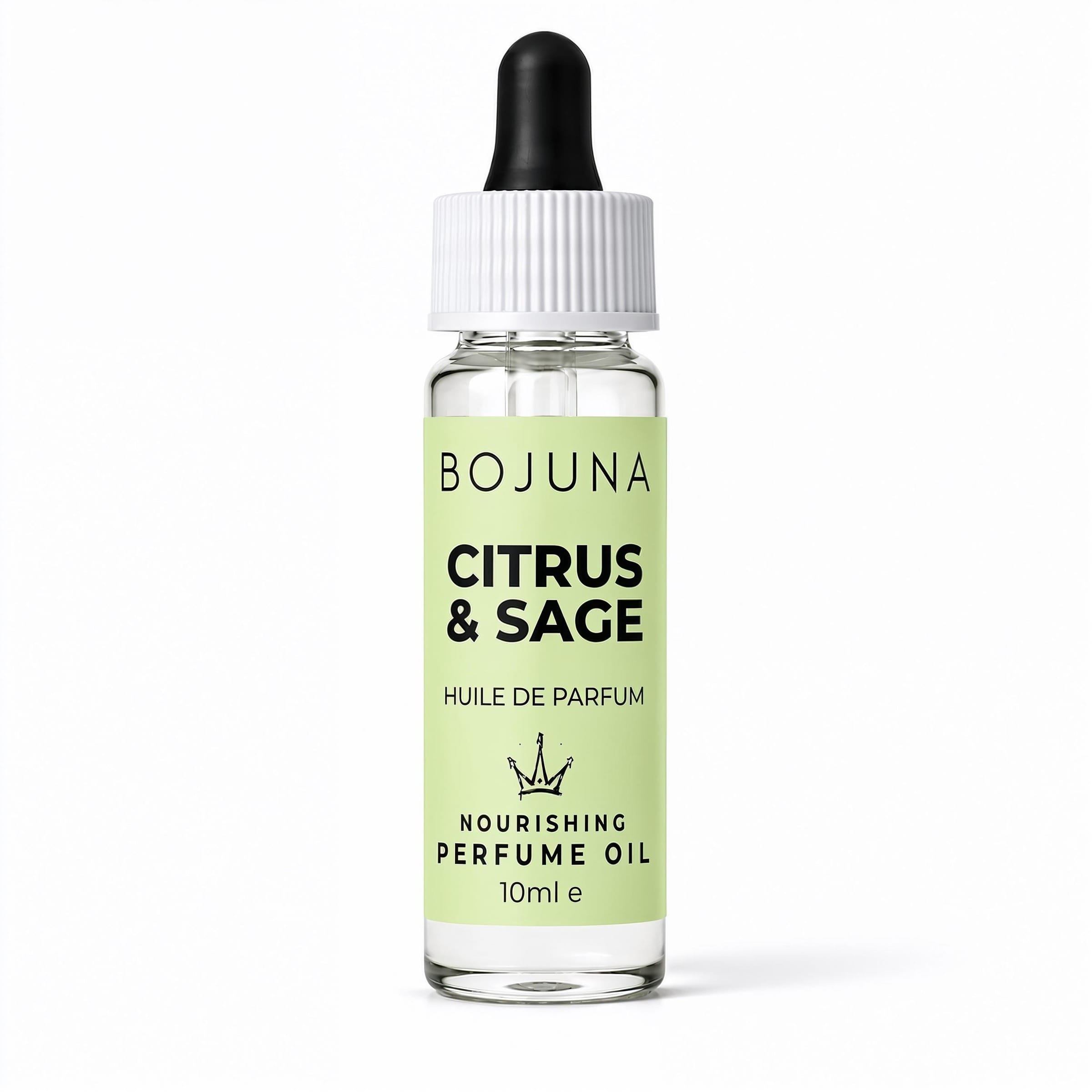 A 10ml glass dropper bottle of BOJUNA Citrus & Sage perfume oil, featuring a light green label and a black dropper cap, set against a plain white background.