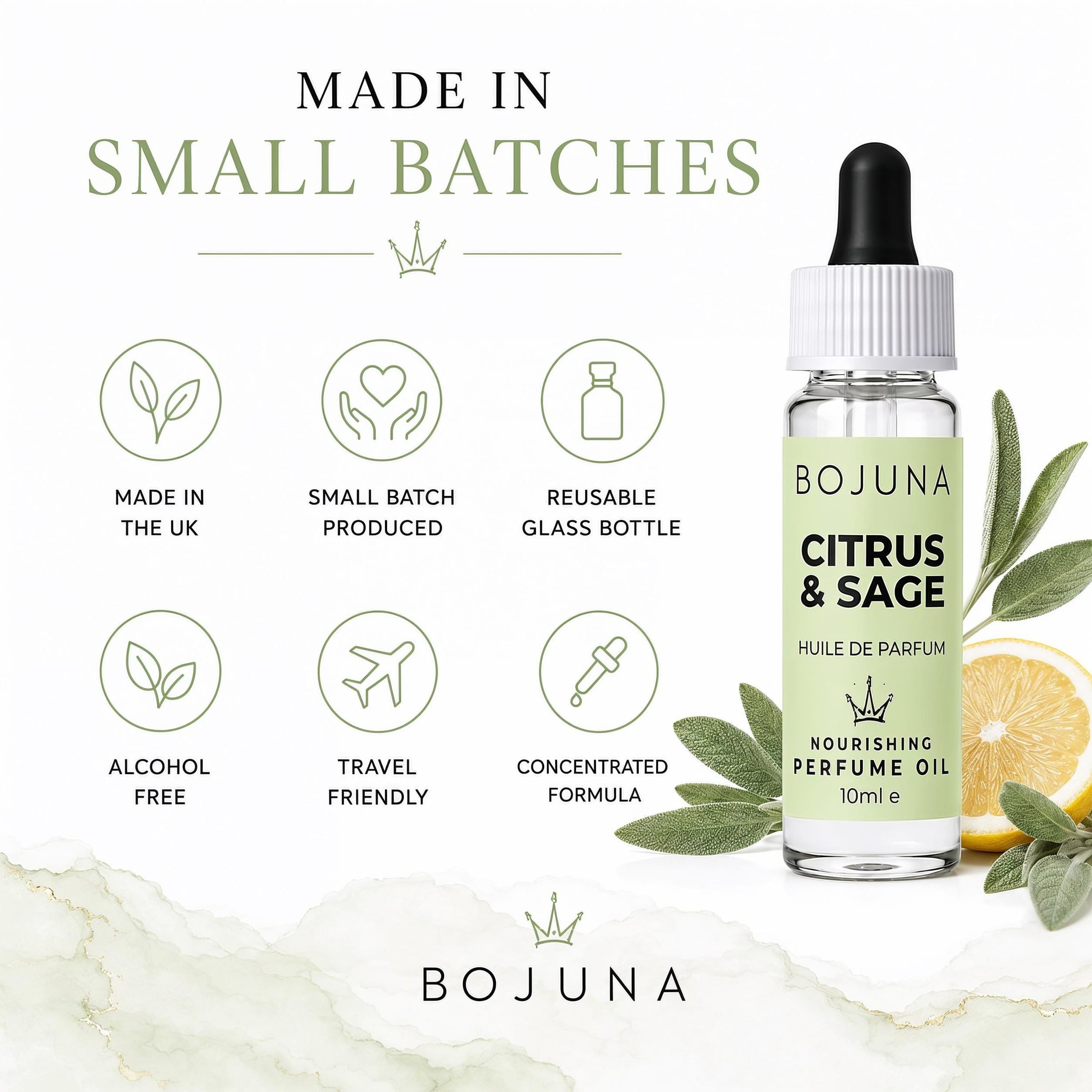 A 10ml bottle of BOJUNA Citrus & Sage nourishing perfume oil on a white background with decorative green leaves, a lemon slice, and informational icons highlighting small-batch production, UK origin, reusable glass bottle, alcohol-free, travel-friendly, and concentrated formula.