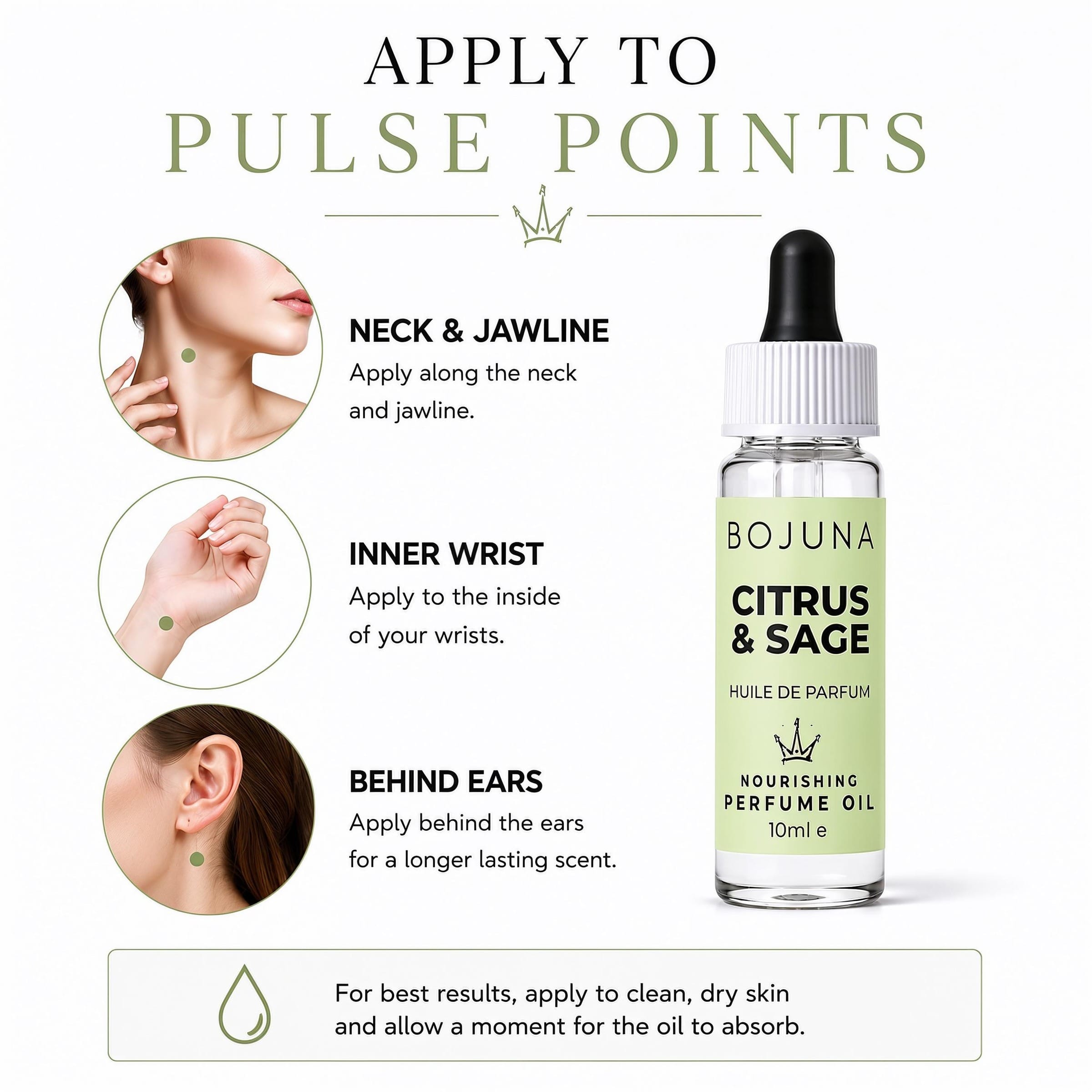 A bottle of BOJUNA Citrus & Sage Nourishing Perfume Oil shown on a white informational graphic with text instructions for pulse points on the neck, wrist, and behind the ear.