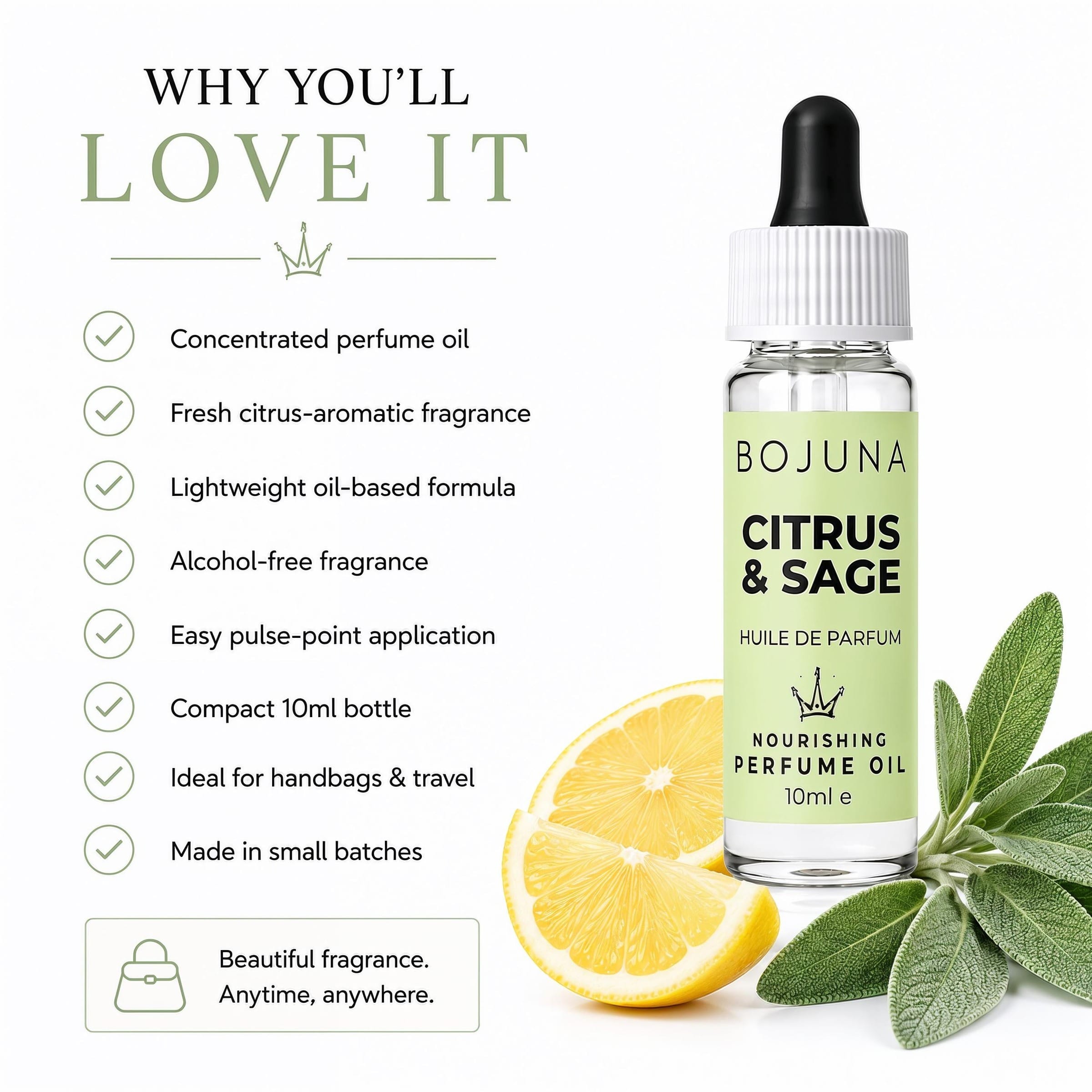 A bottle of Bojuna Citrus & Sage perfume oil shown on a white background with promotional text and lemon/sage imagery. The bottle has a black dropper cap and a pale green label.