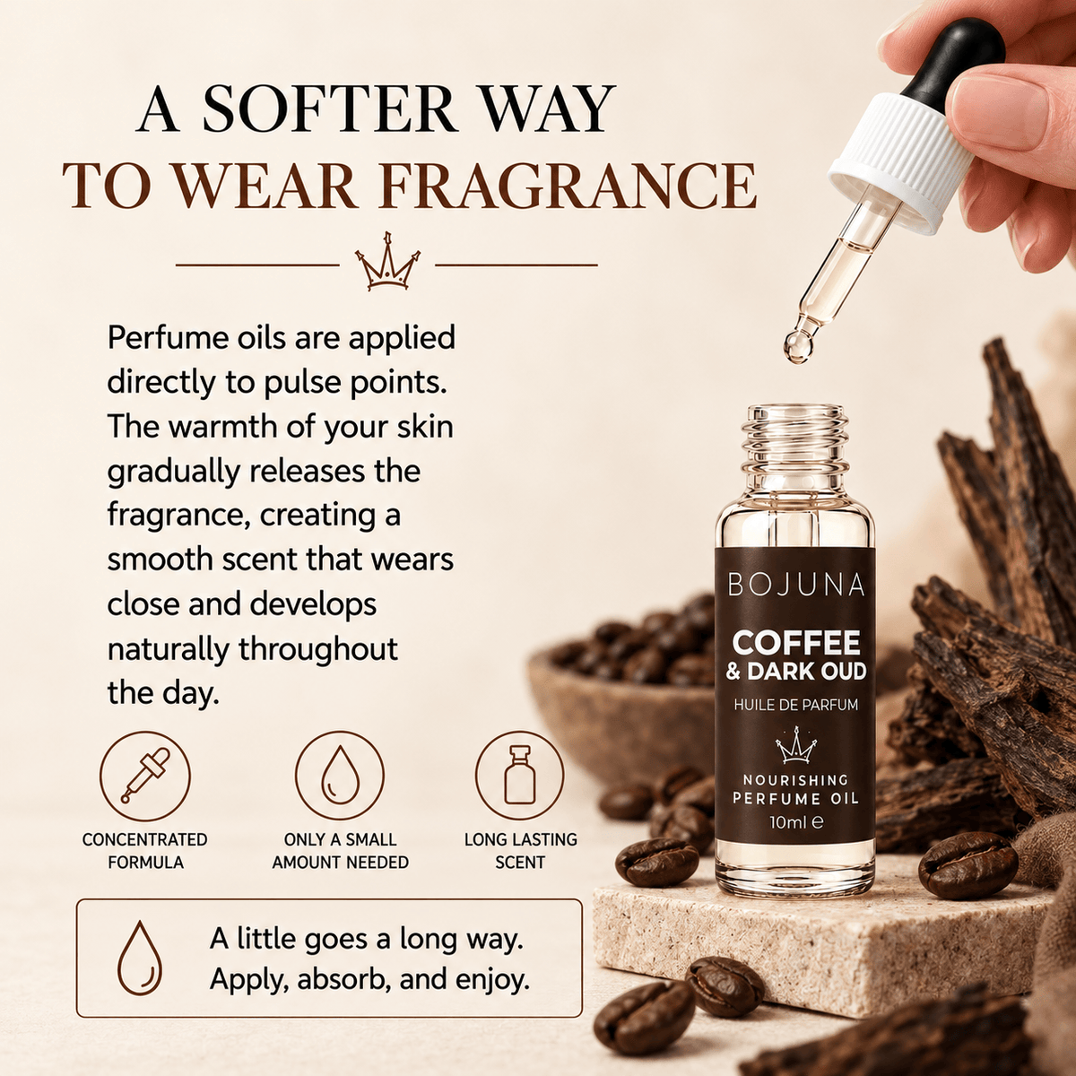 A hand holds a dropper above an open bottle of Bojuna Coffee & Dark Oud perfume oil, with coffee beans and dark brown bark around it on a beige background with promotional text.