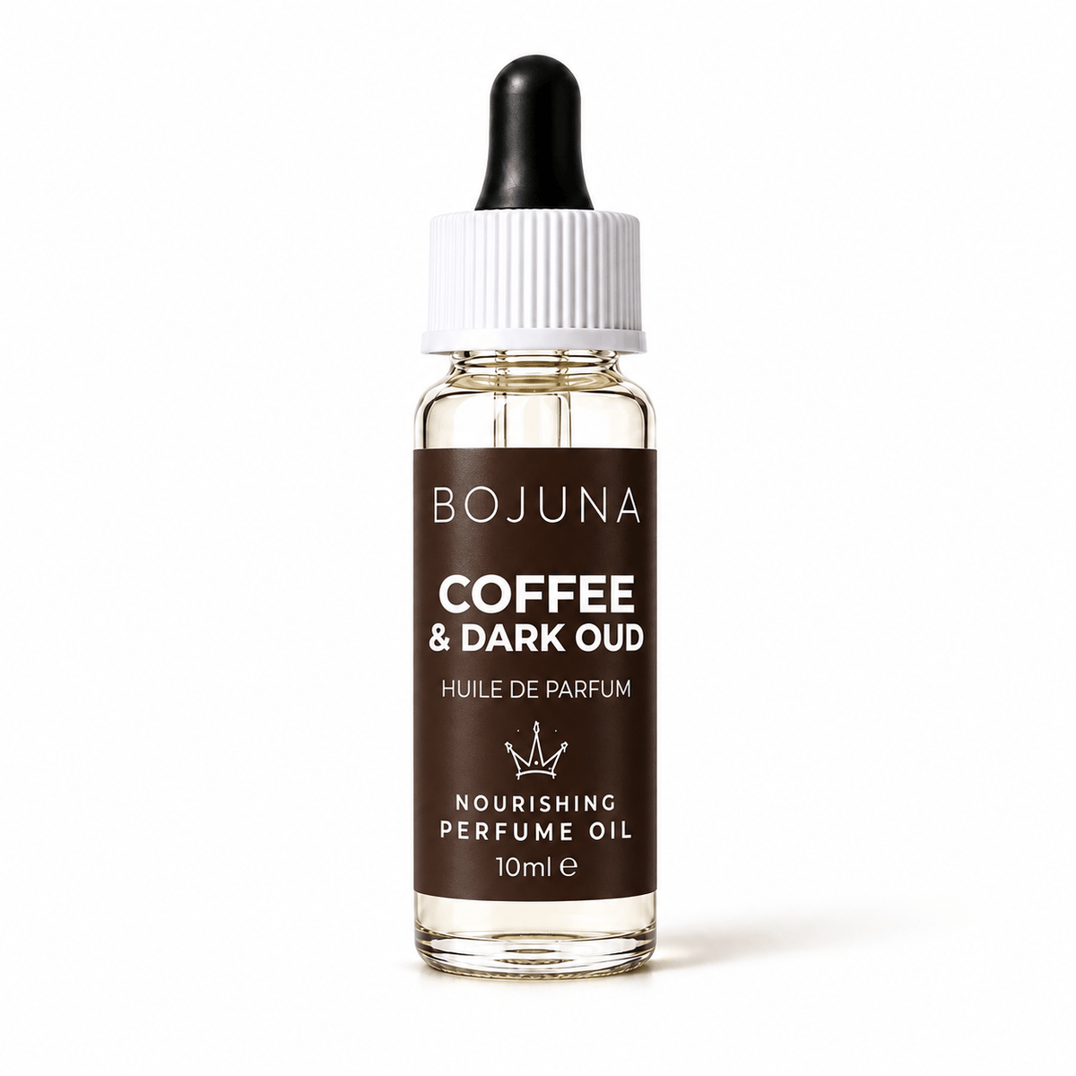A 10ml bottle of BOJUNA Coffee & Dark Oud perfume oil, featuring a dark brown label with white text, a white ribbed cap, and a black dropper bulb, set against a plain white background.