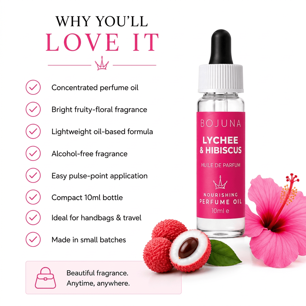 A 10ml bottle of BOJUNA Lychee & Hibiscus perfume oil displayed on a white background with descriptive marketing text, a pink hibiscus flower, and lychee fruits.