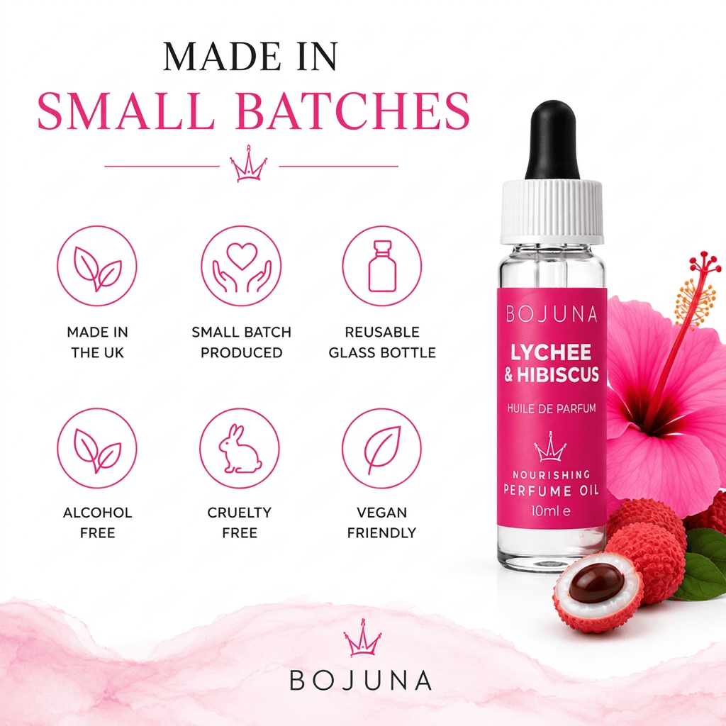 A 10ml glass dropper bottle of BOJUNA Lychee & Hibiscus perfume oil, shown on a white background with promotional text and icons highlighting its small-batch production, UK origin, reusable glass bottle, alcohol-free formula, cruelty-free status, and vegan-friendly design. The bottle is styled next to a pink hibiscus flower and fresh lychees.