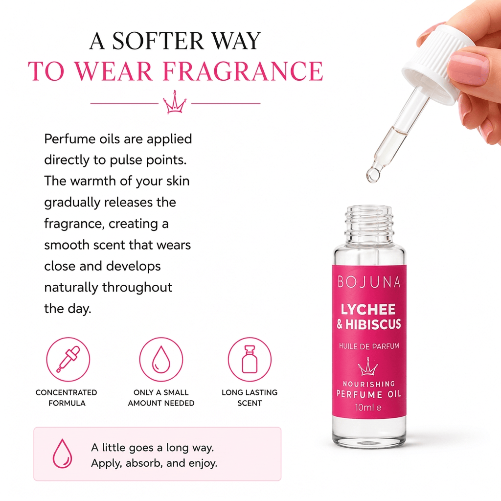 A hand holds an open dropper above a small bottle of BOJUNA Lychee & Hibiscus nourishing perfume oil on a white background, with marketing text and icons explaining how the fragrance oil is applied and its benefits.