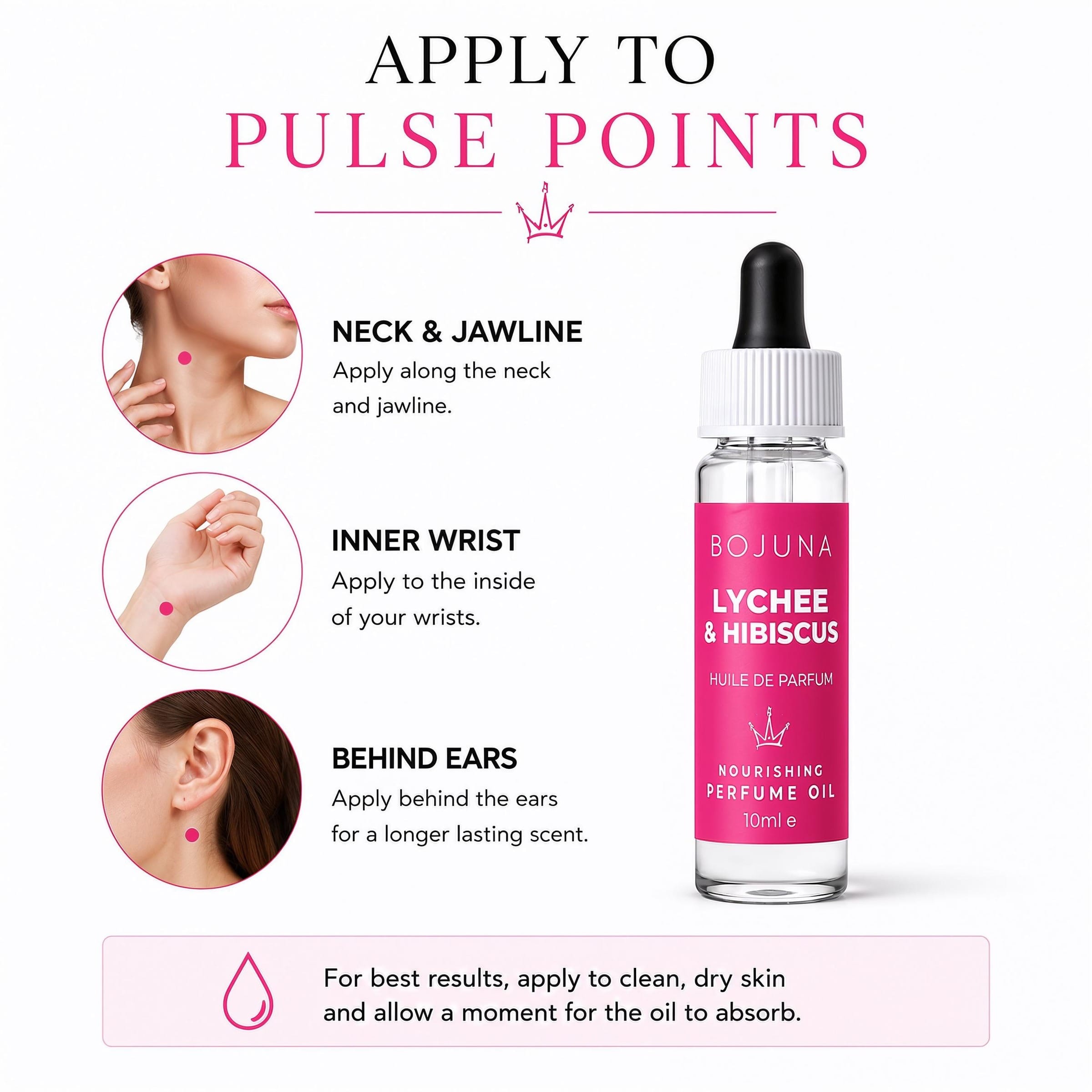 A bottle of BOJUNA Lychee & Hibiscus Pulse Points perfume oil shown on a white infographic with text instructions and small photos of pulse points on the neck, wrist, and behind the ear.