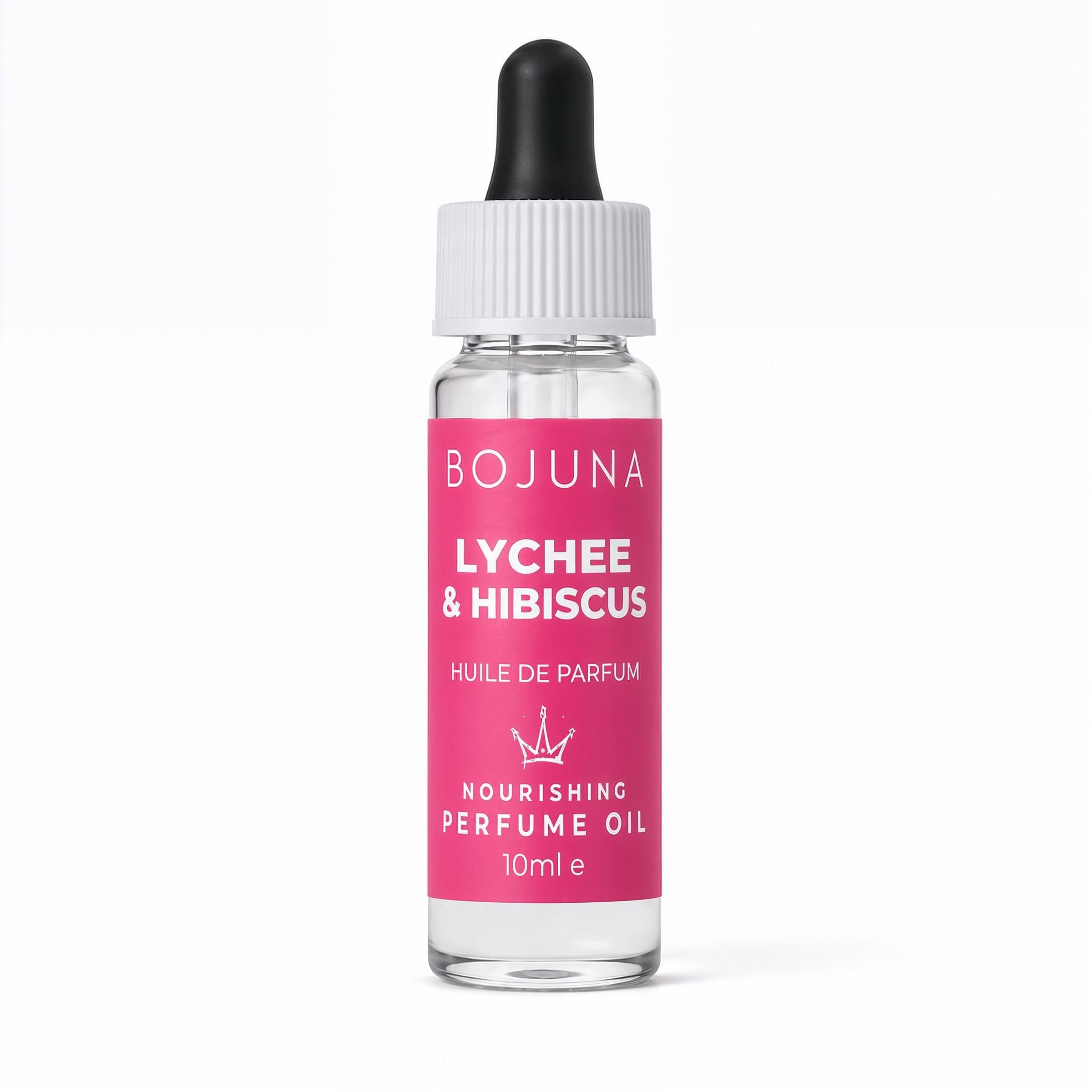 A 10ml bottle of BOJUNA Lychee & Hibiscus perfume oil, featuring a vibrant pink label and a black dropper cap on a clean white background.