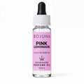 A 10ml glass dropper bottle of BOJUNA Pink Lemonade perfume oil, featuring a light pink label with black text and a white ribbed cap with a black dropper bulb, set against a plain white background.