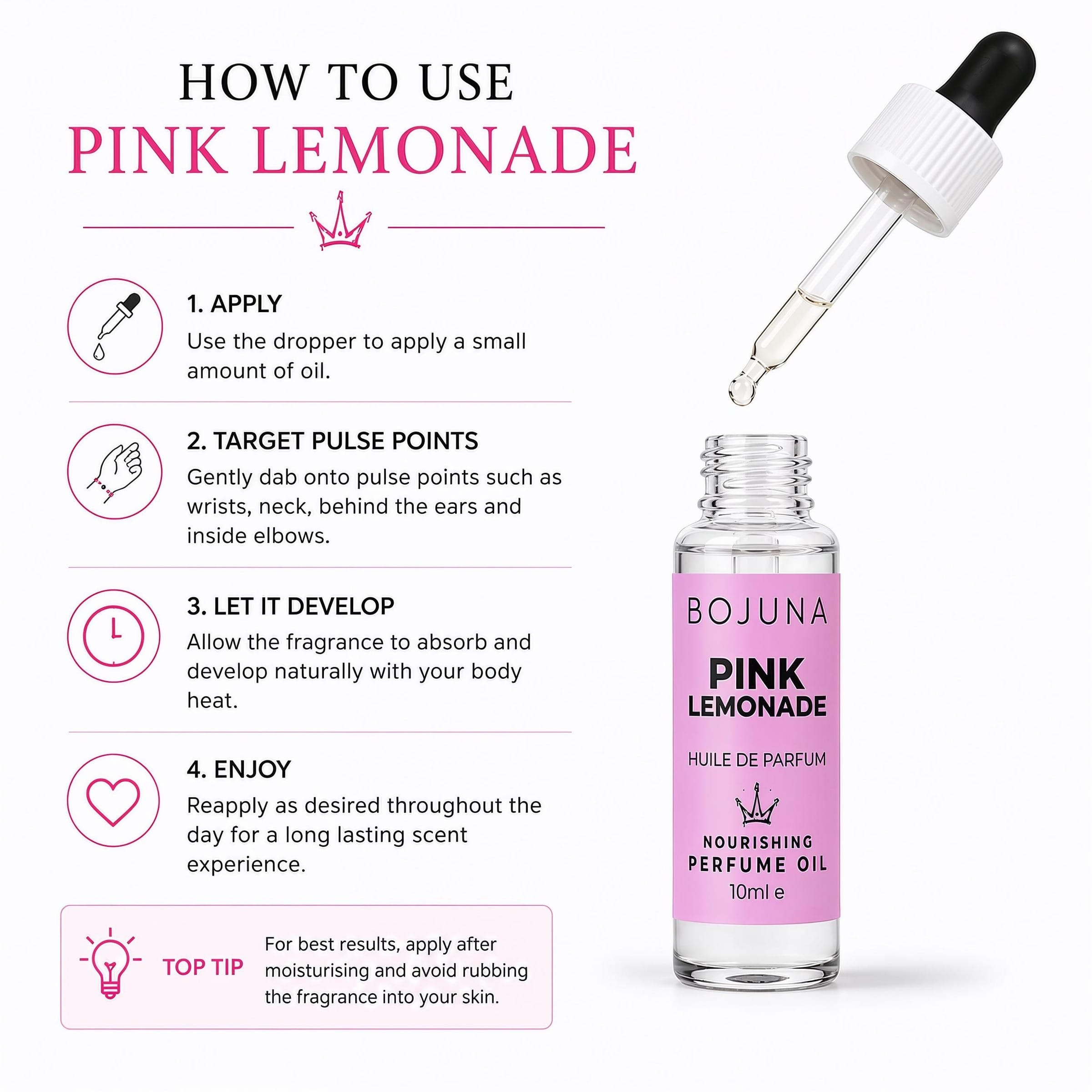 Instruction graphic for using BOJUNA Pink Lemonade nourishing perfume oil, showing a bottle with a dropper and step-by-step usage instructions on a white background.