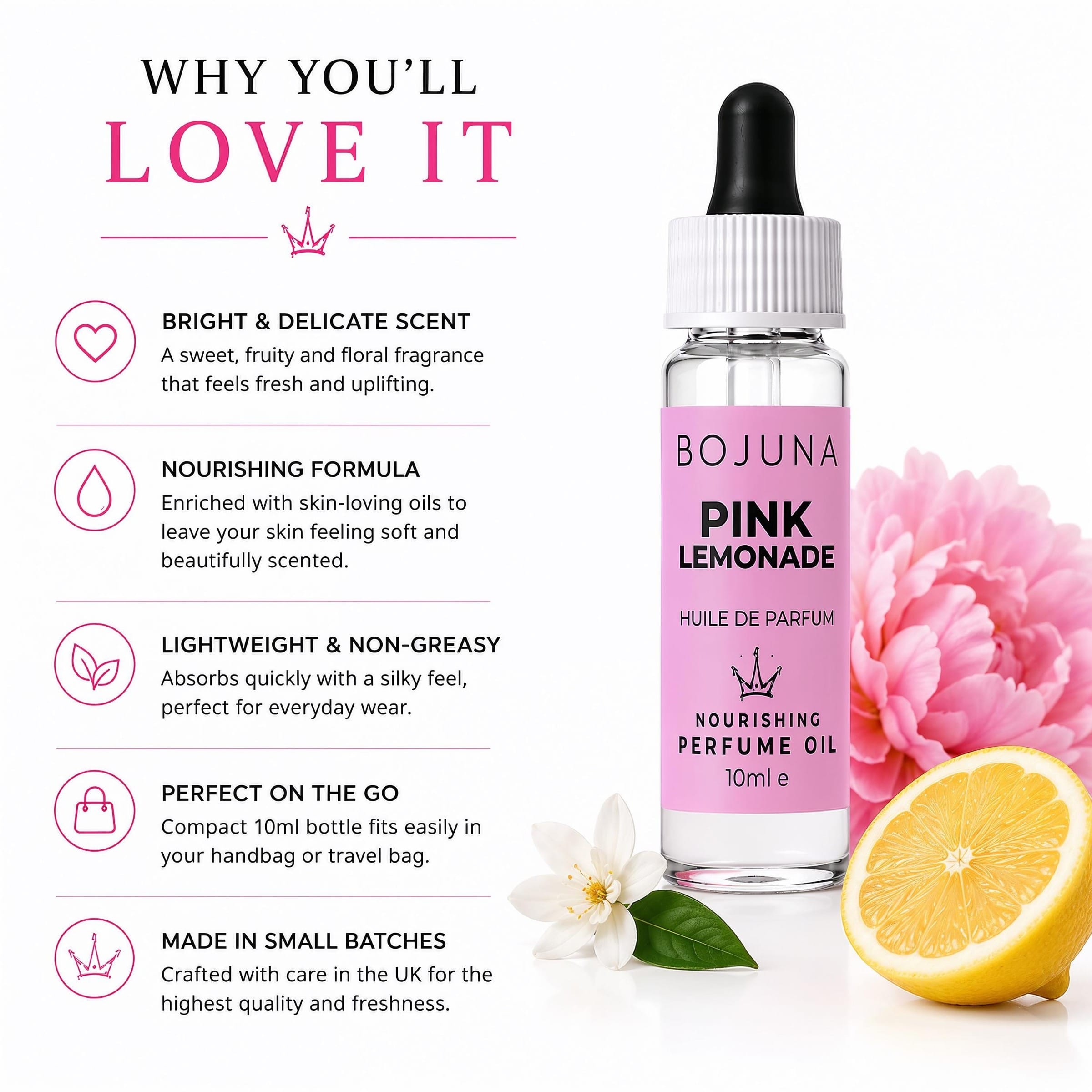 A 10ml bottle of BOJUNA Pink Lemonade nourishing perfume oil shown next to pink flowers, a lemon slice, and a white flower on a white background, with text listing the benefits of the scent.